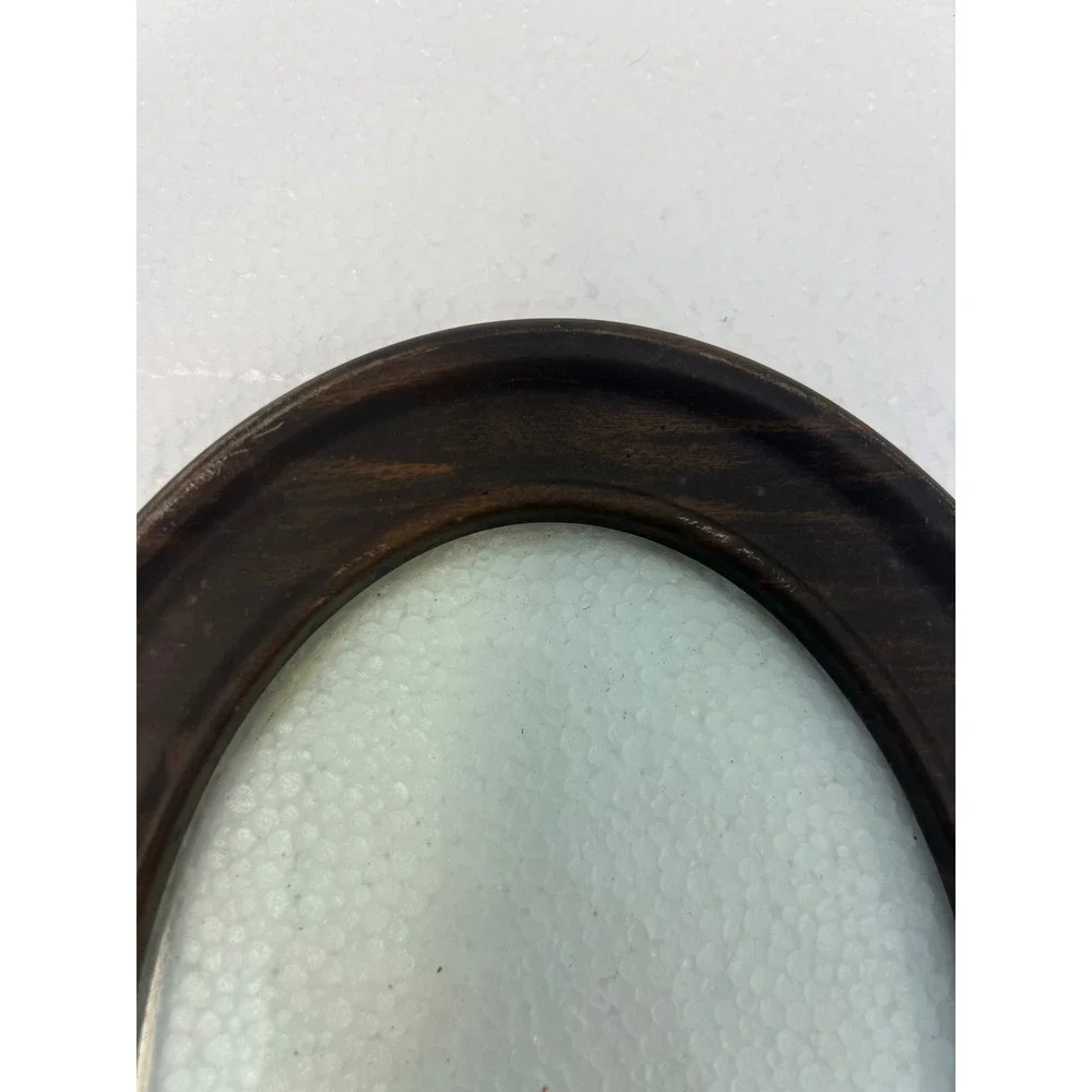 Vintage 1940s Faux Wood Tin Oval Picture Frame w Glass Round Art Deco Metal 6x8